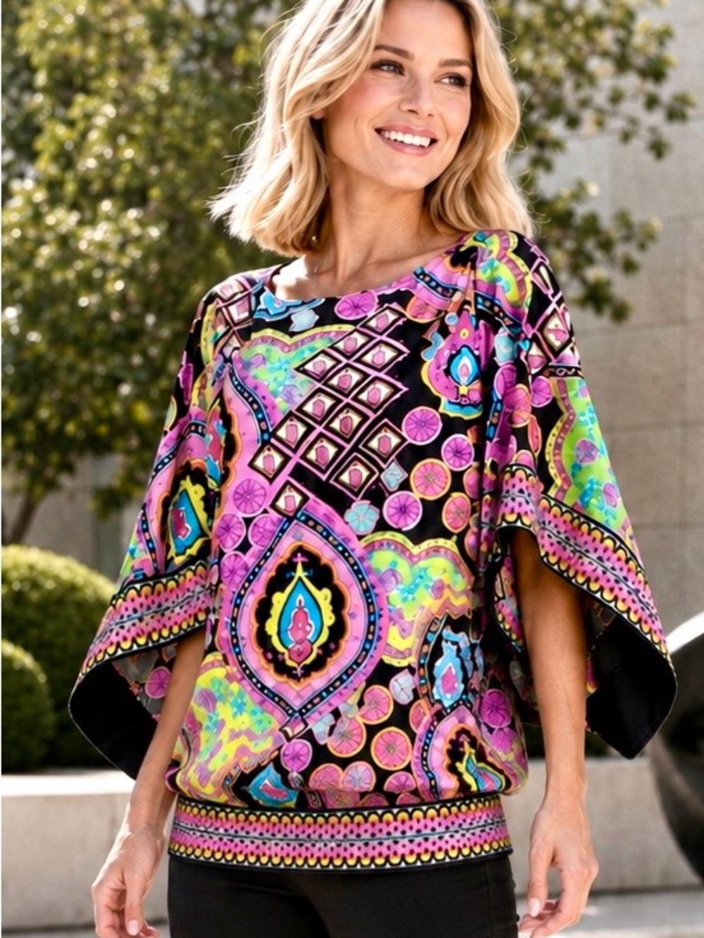 Trina Turk designer tunic  / mini dress in pink & orange with  kimono sleeves